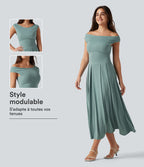 Robe midi casual fluide côtelée gainante à épaules dénudées