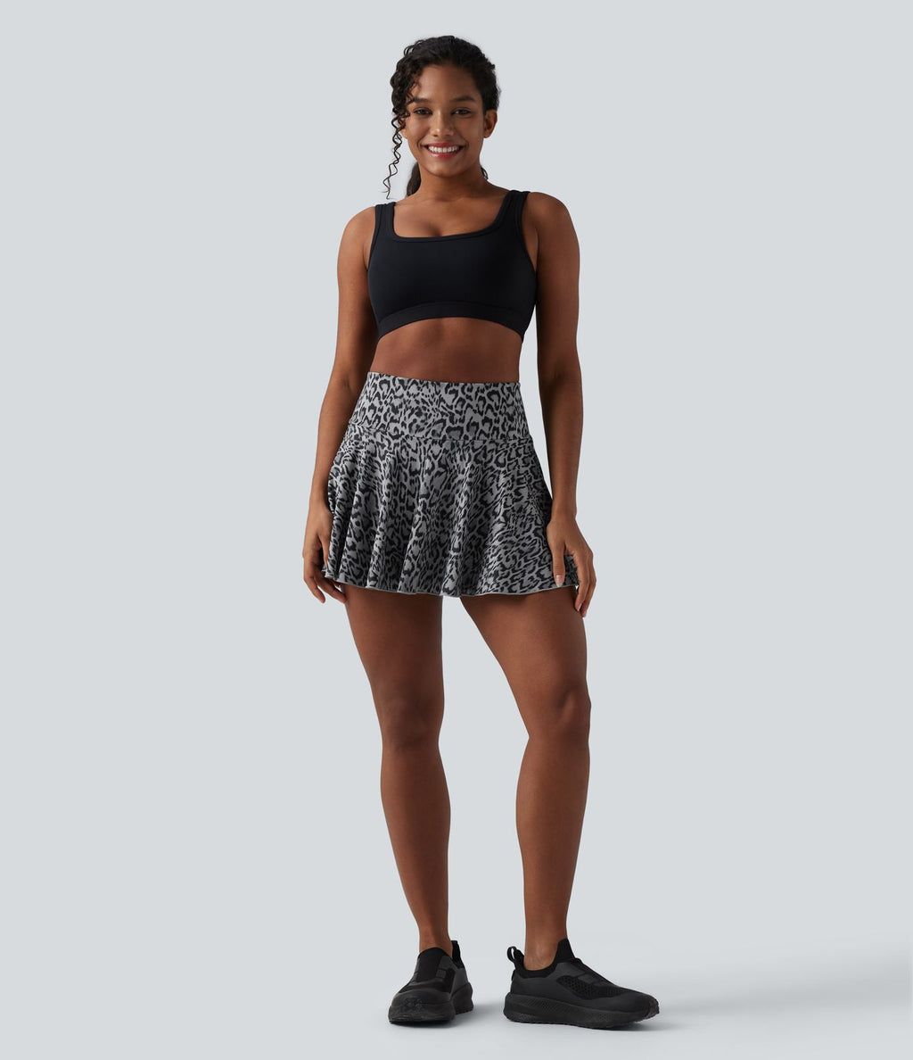 Jupe-short de tennis mini taille haute évasée imprimé léopard avec poches