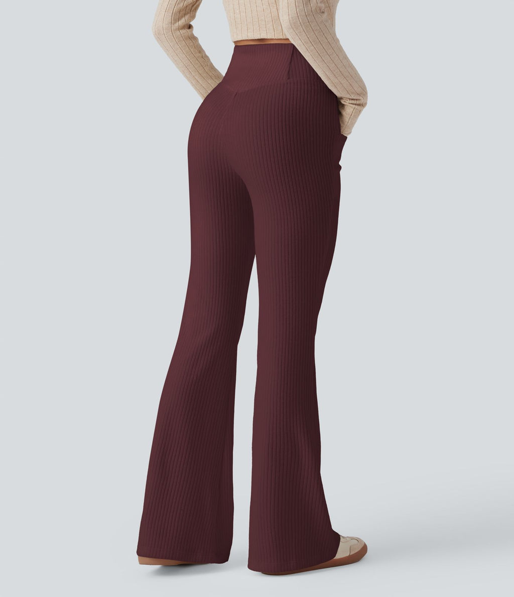 Pantalon Taille Haute Casual Évasés en Tricot Côtelé avec Poches Latérales et Croisé