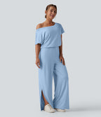 Combinaison casual asymétrique manches courtes avec poches et fente - Easy Peasy