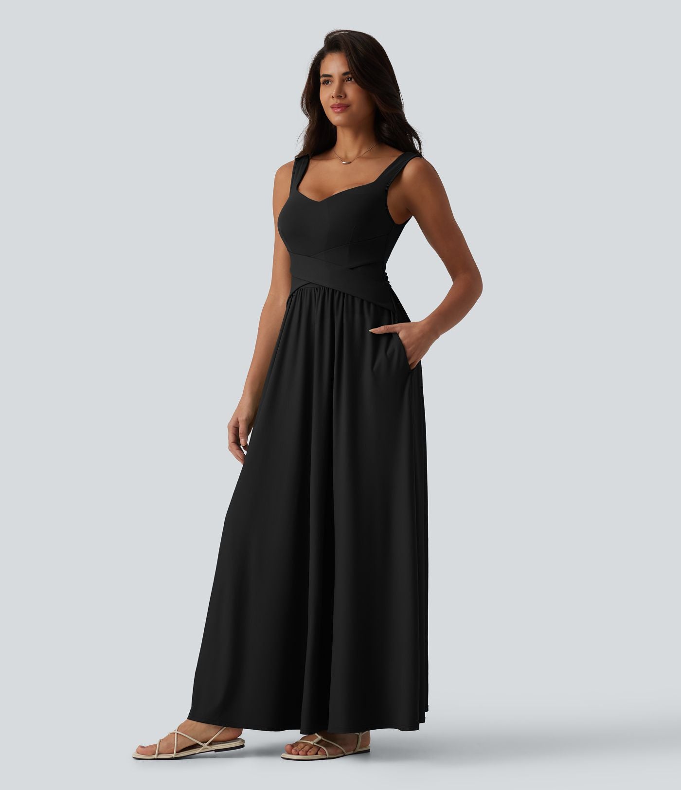 Robe longue fluide sans manches avec brassière intégrée (Bonnets E-G) et poches