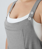 Salopette Casual Grande Taille en Gaufré avec Bretelles Ajustables Boutons et Poches Multiples