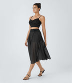 Jupe Casual Évasée Mesh Mi-Longue Fuide 2 en 1 Contrastée Taille Haute Cordon Poche Latérale