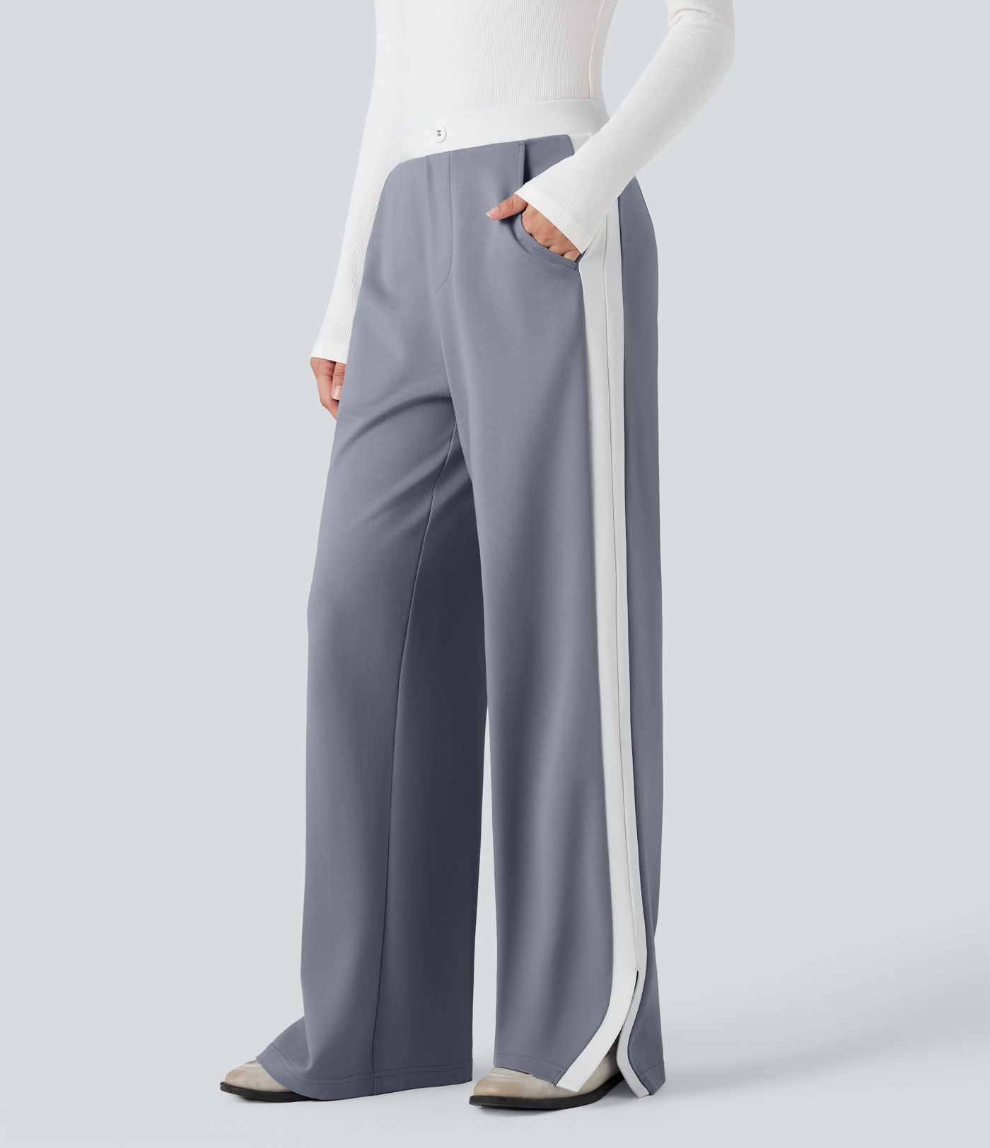 Pantalon de travail coupe droite taille moyenne color block avec fente avec poches