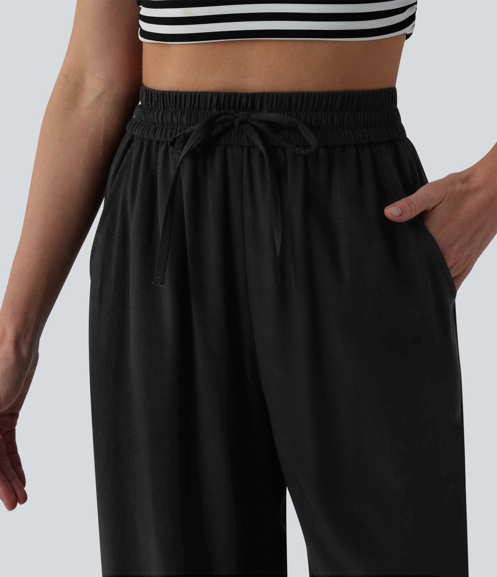 Pantalon casual large fluide mélange lin taille haute avec cordon de serrage et poches