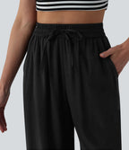 Pantalon casual large mélange lin taille haute avec cordon de serrage et poches