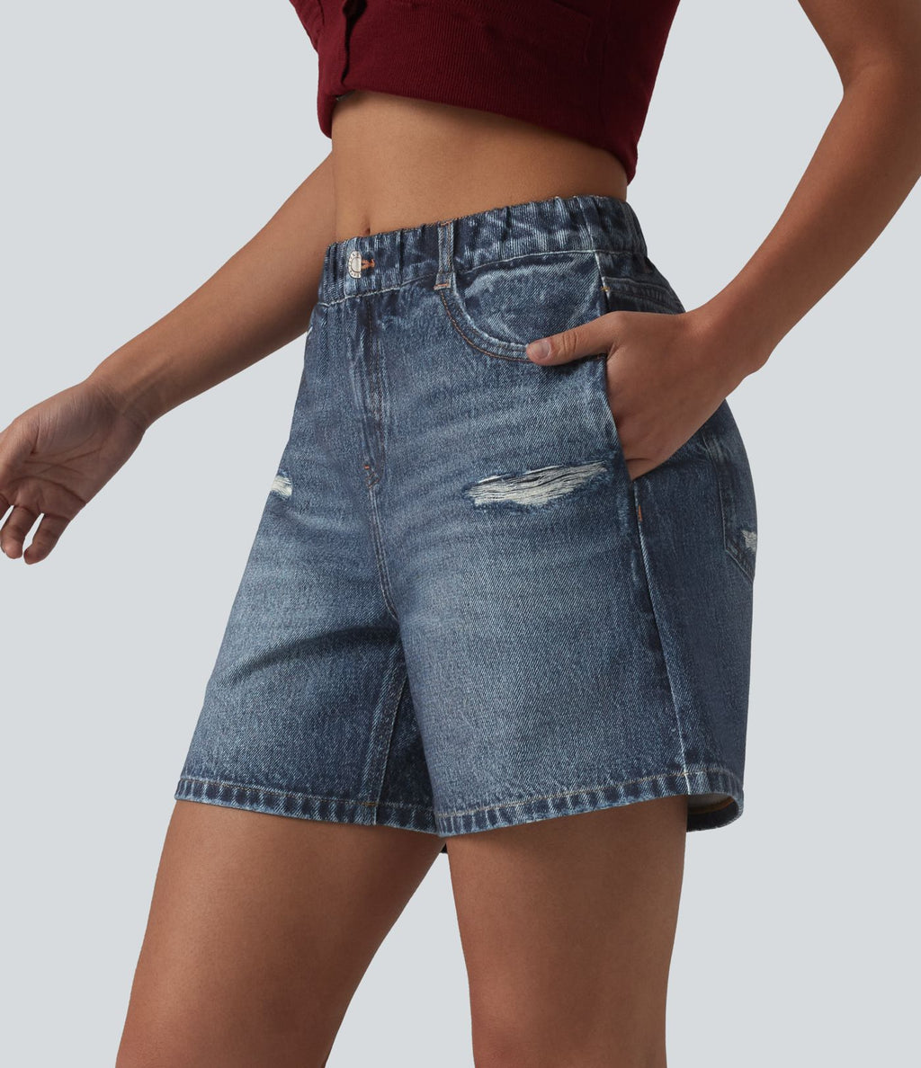 Short casual en molleton imprimé denim taille mi-haute 12,5 cm avec poches