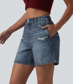 Short casual en molleton imprimé denim taille mi-haute 12,5 cm avec poches