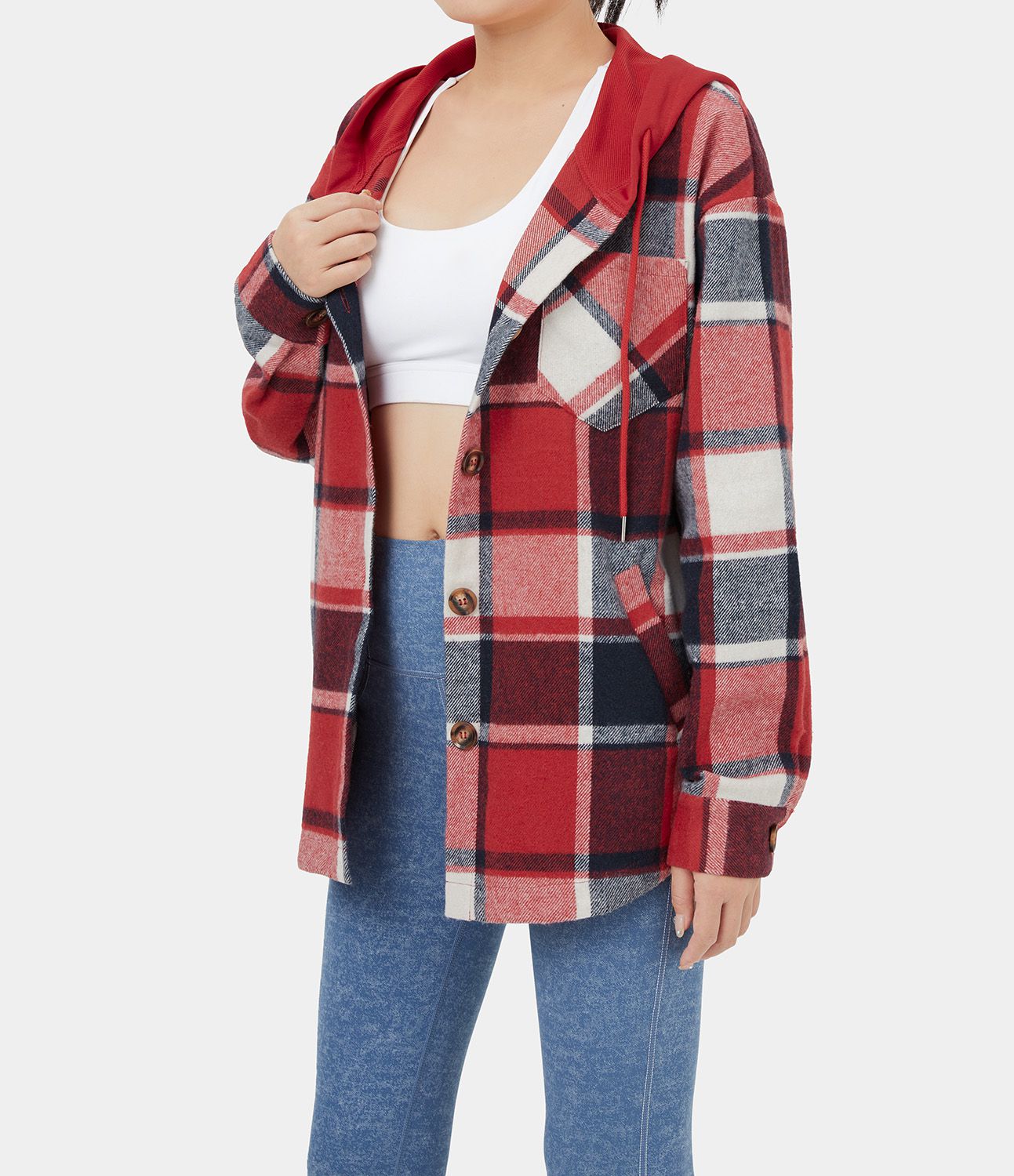 Veste de Casual à Carreaux en Polaire à Capuche avec Cordon de Serrage Boutons et Poches Latérales