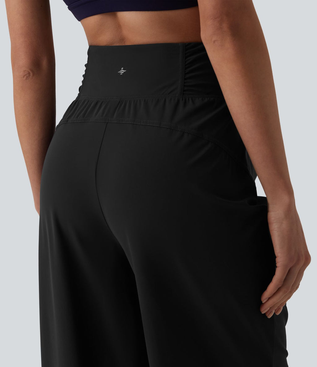 Pantalon running coupe droite taille haute à cordon de serrage et fronces séchage rapide avec poches