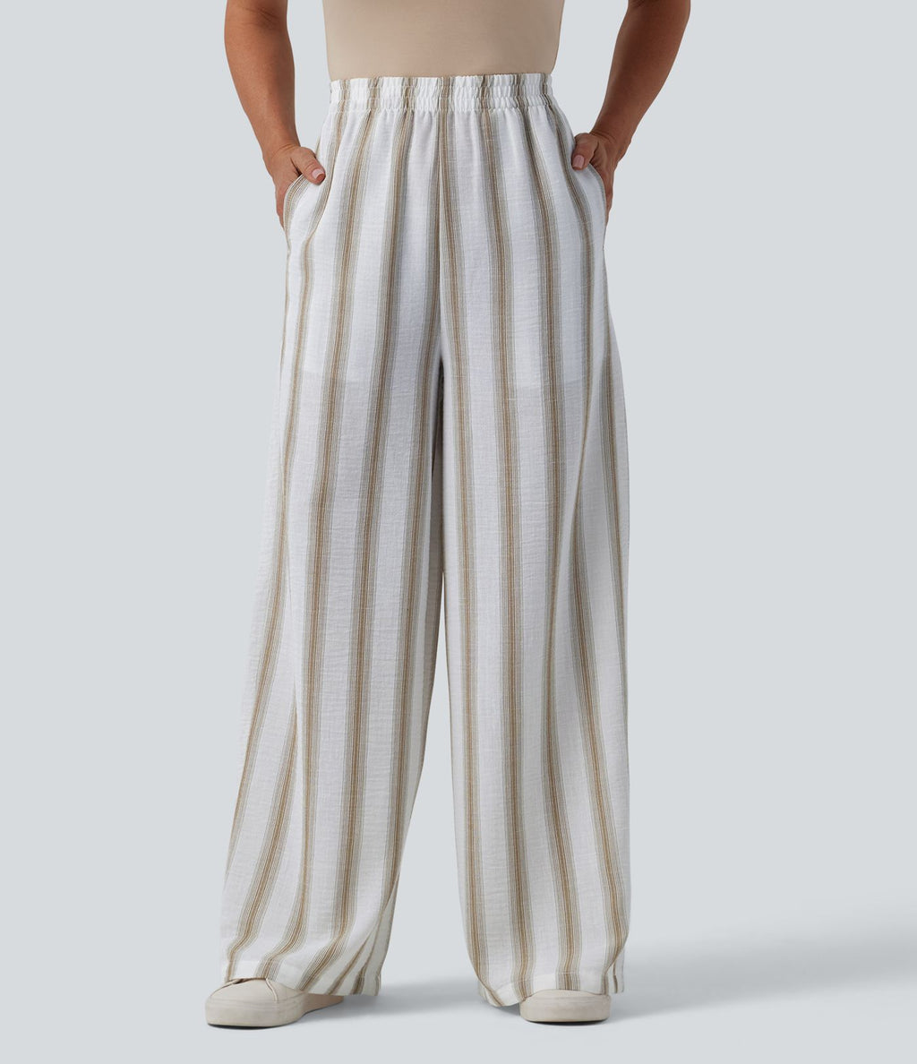 Pantalon casual ample taille haute aspect lin à rayures avec poches