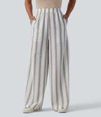 Pantalon casual ample taille haute aspect lin à rayures avec poches