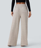 Pantalon large décontracté côtelé taille haute avec poches multiples