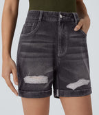 Halara Flex™ Short en denim extensible taille haute avec poches multiples, déchirures, ourlet roulotté et effet délavé