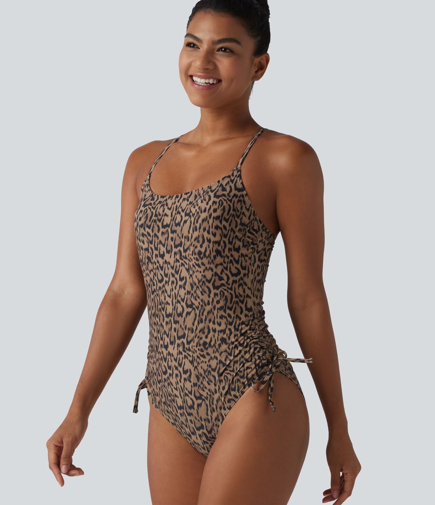 Maillot de bain une pièce col carré soutien-gorge intégré ventre plat cordon de serrage imprimé léopard