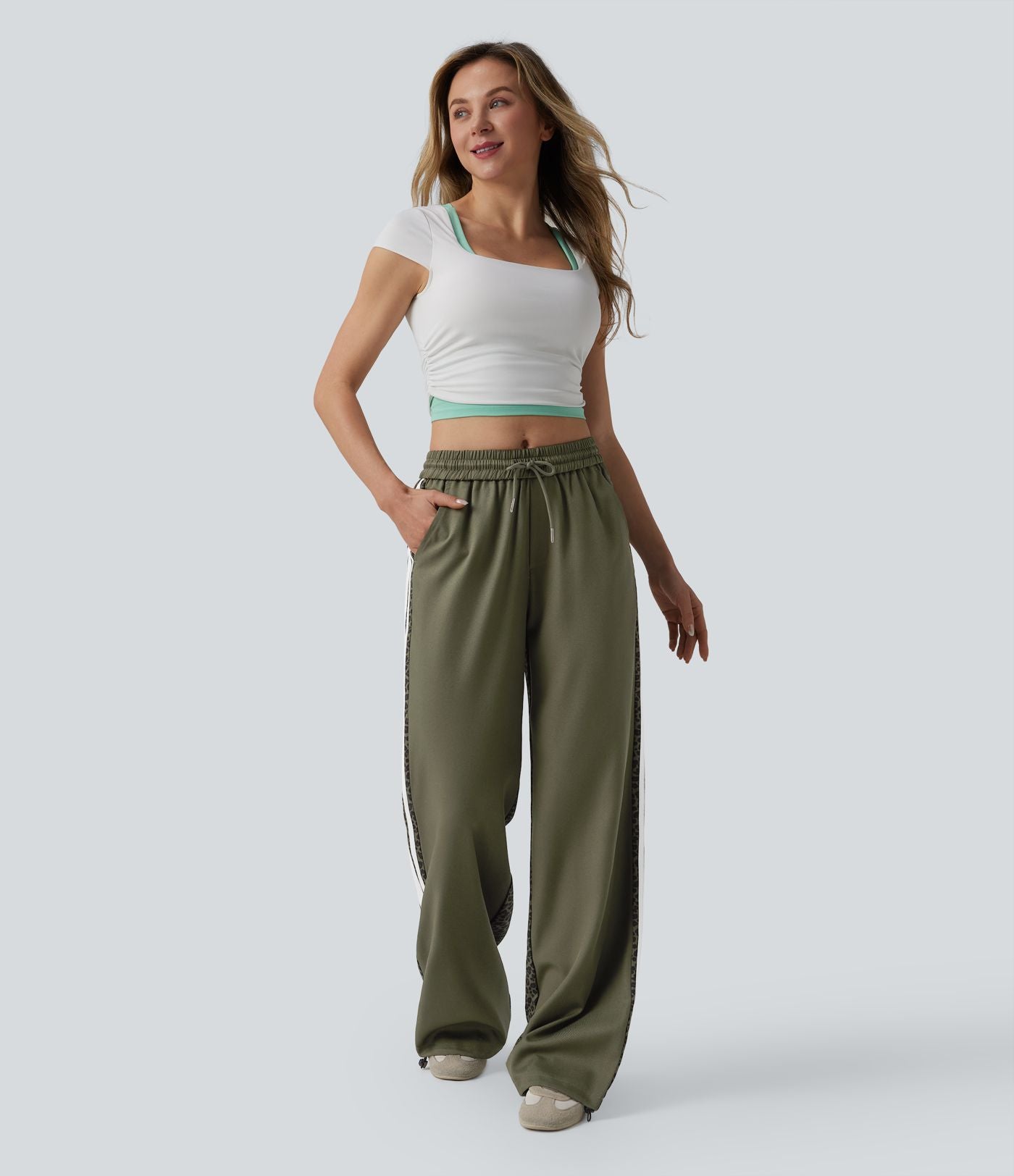 Pantalon ample décontracté taille mi-haute avec cordon de serrage color block rayures léopard contrastant avec poches