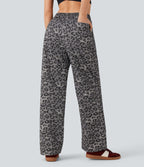 Pantalon casual taille haute cordon jambe droite imprimé léopard avec poches