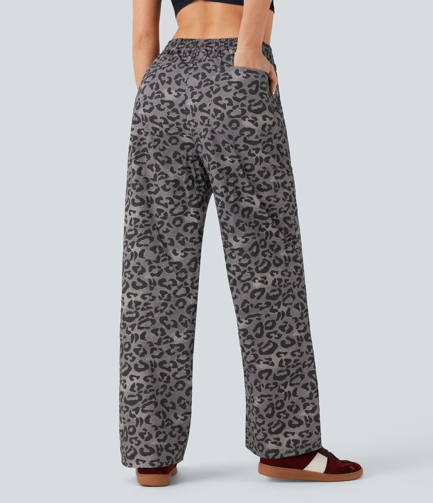 Pantalon casual taille haute cordon jambe droite imprimé léopard avec poches