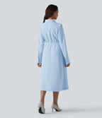 Robe chemise midi habillée à col, manches longues, lien à nouer devant et rayures