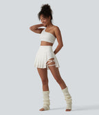 Jupe mini de danse 2-en-1 taille haute plissée dentelle contrastée ourlet asymétrique avec poches
