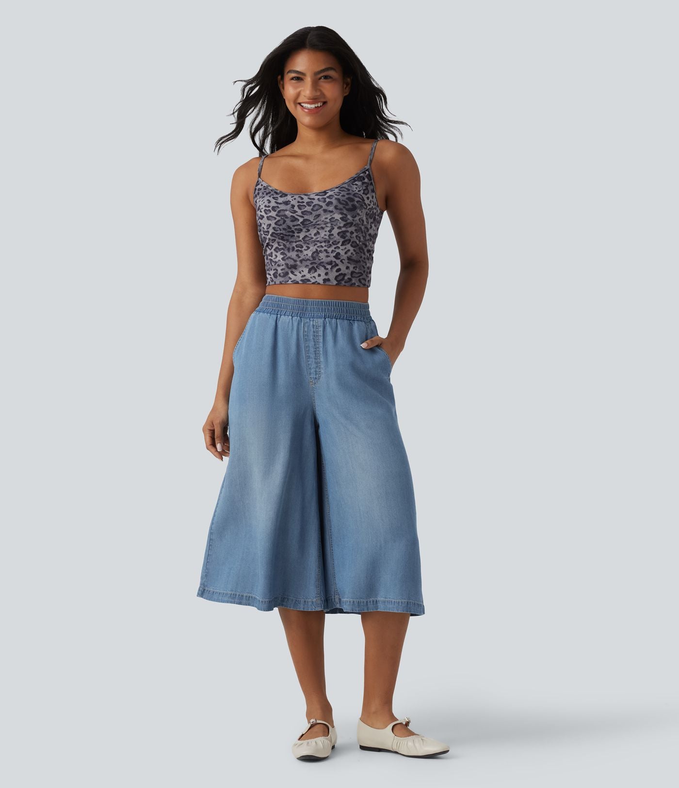 Jean large casual capri taille haute en lyocell avec poches