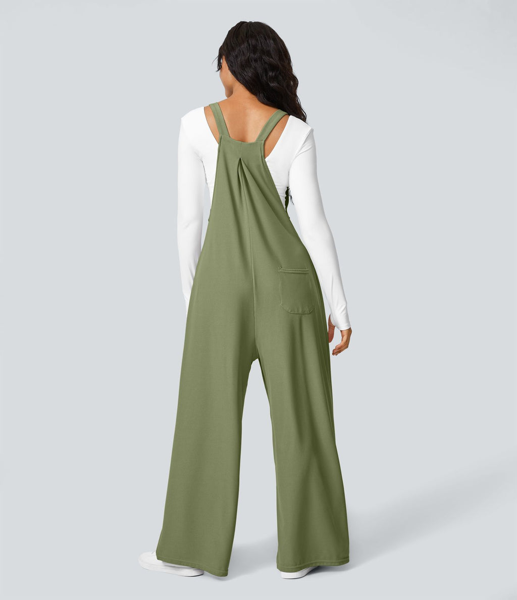 Salopette Décontractée Gaufrée Plissée Poches Multiples Avec Boutons Bretelles Réglables