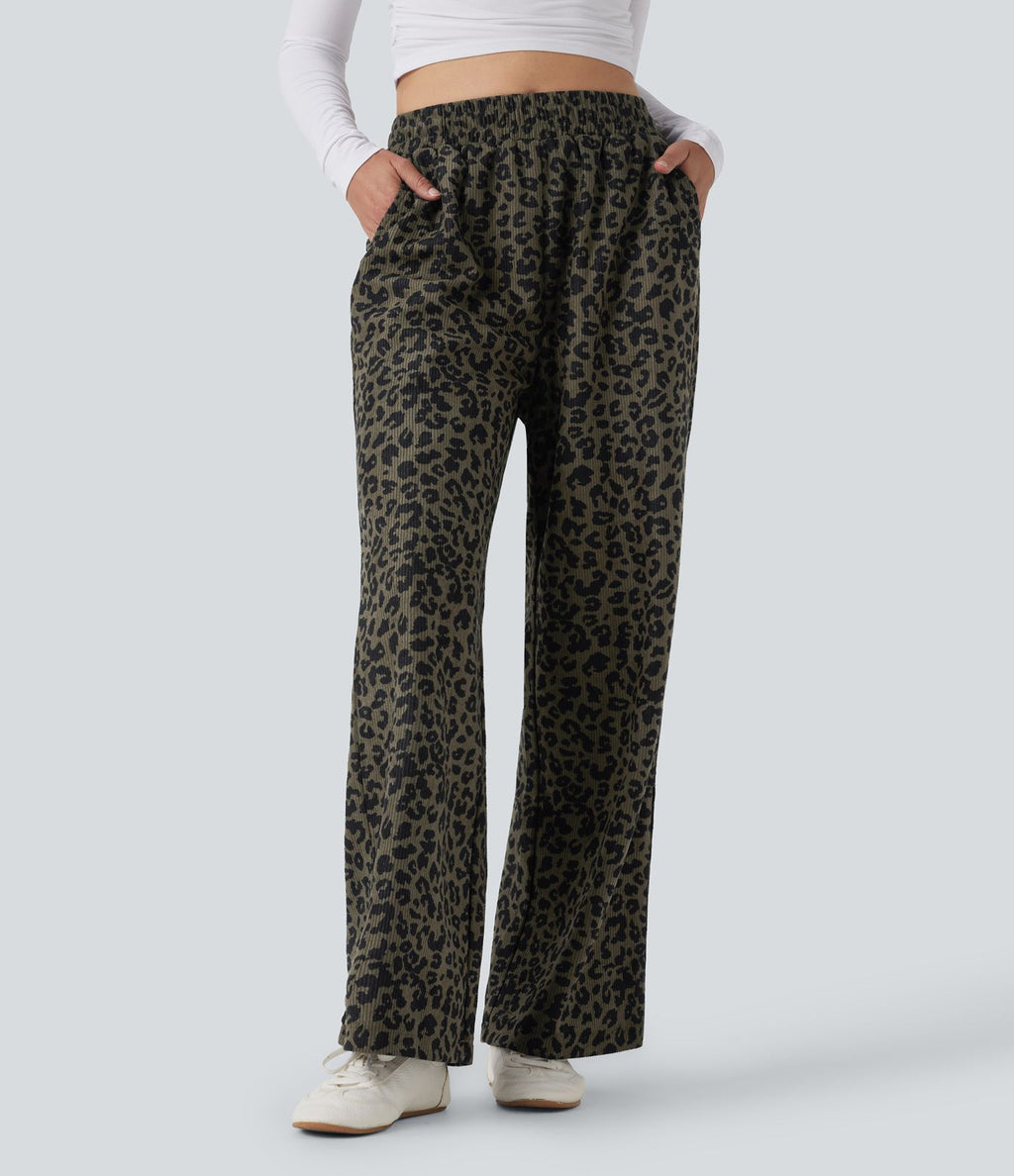 Pantalon léopard ample décontracté velours côtelé imprimé taille haute avec poches