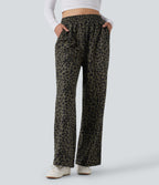 Pantalon léopard ample décontracté velours côtelé imprimé taille haute avec poches