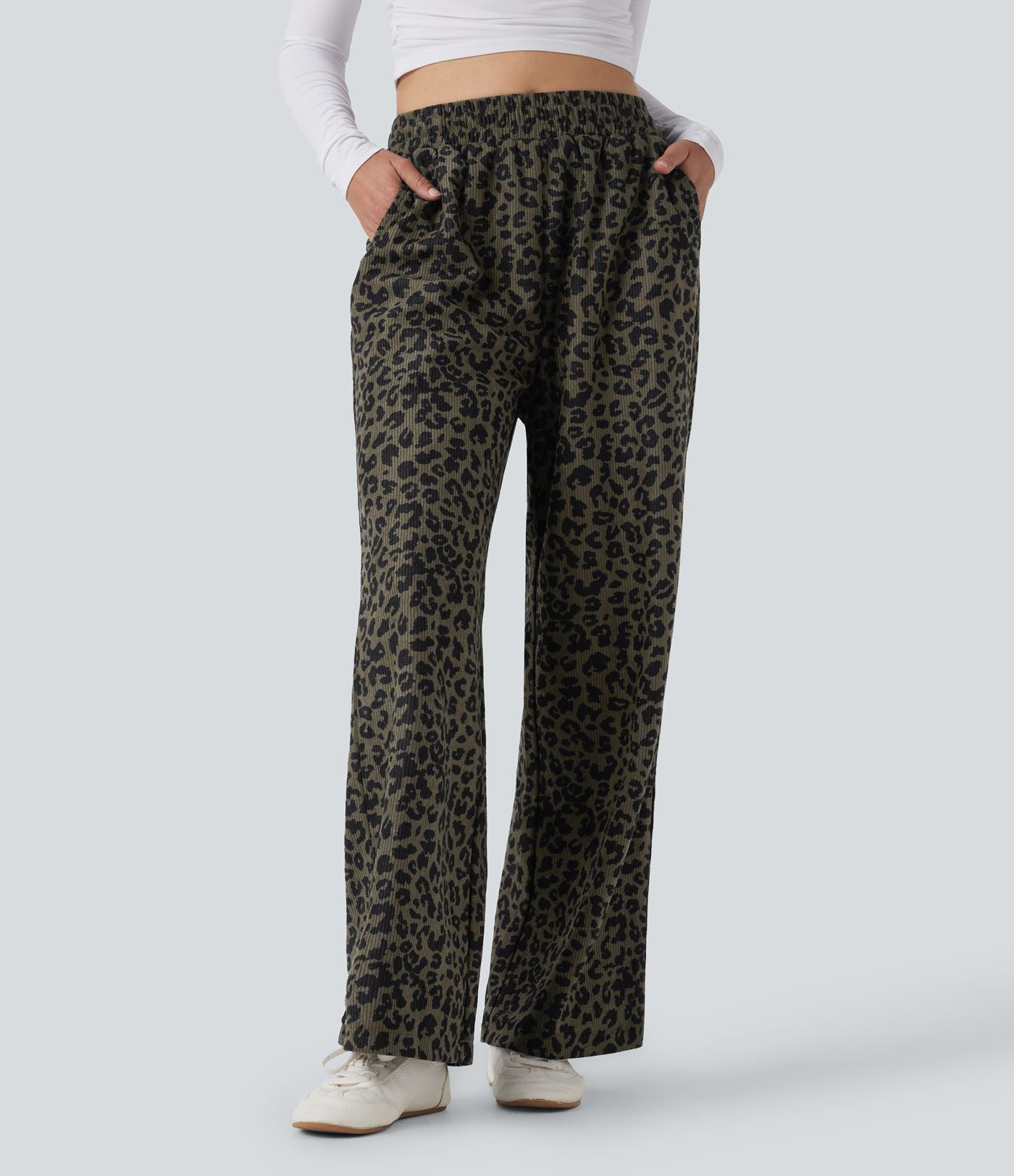 Pantalon léopard ample décontracté velours côtelé imprimé taille haute avec poches