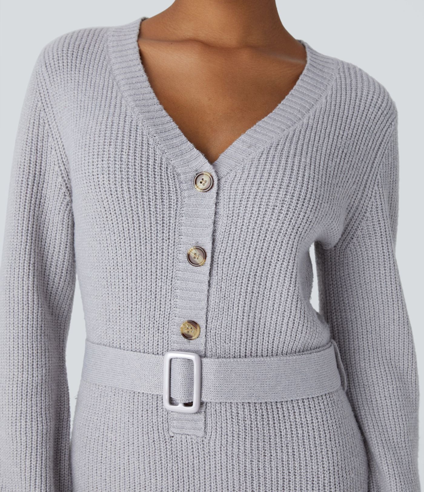 Robe-pull décontractée courte à col V, boutonnage devant, manches longues et ceinture