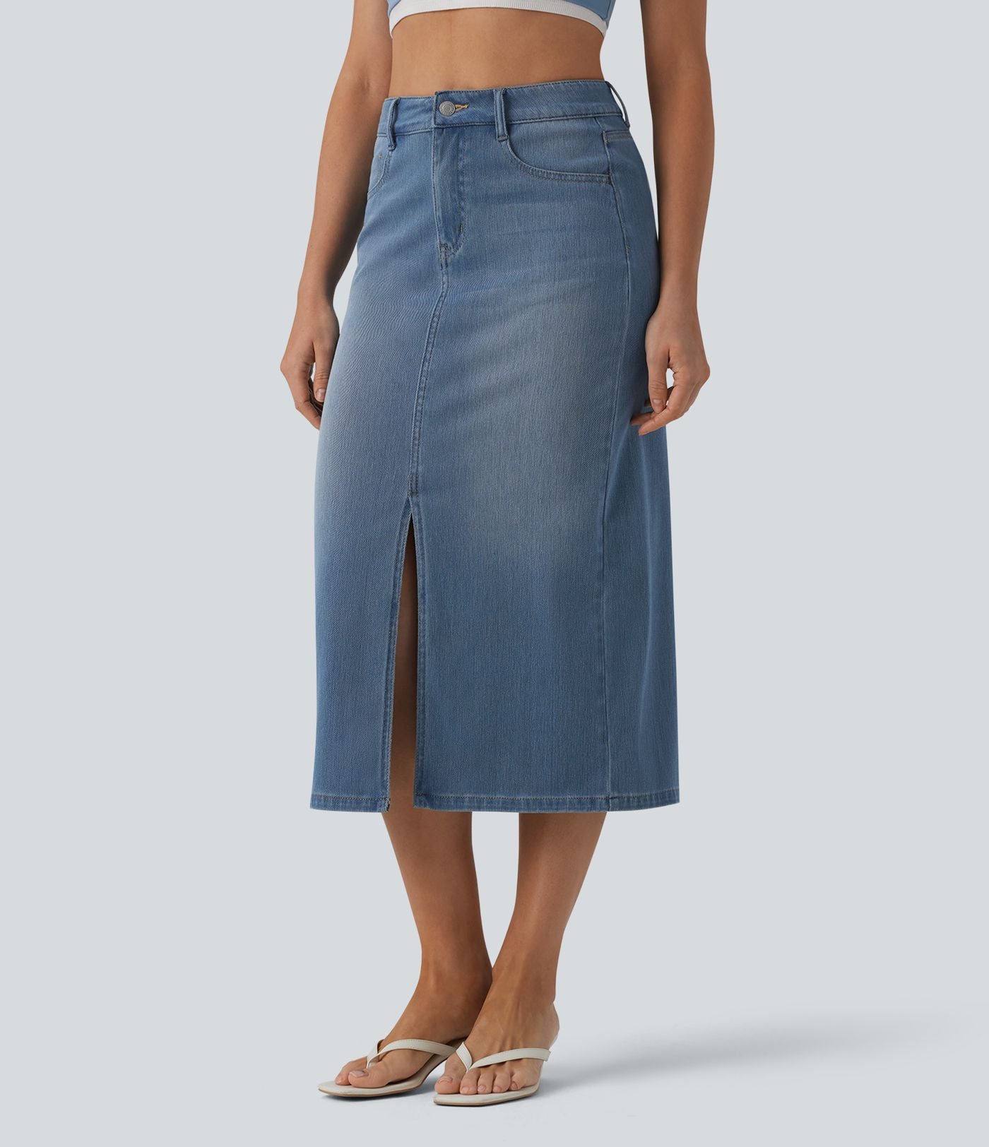Halara Flex™ Jupe droite midi en denim taille haute avec fente et poches
