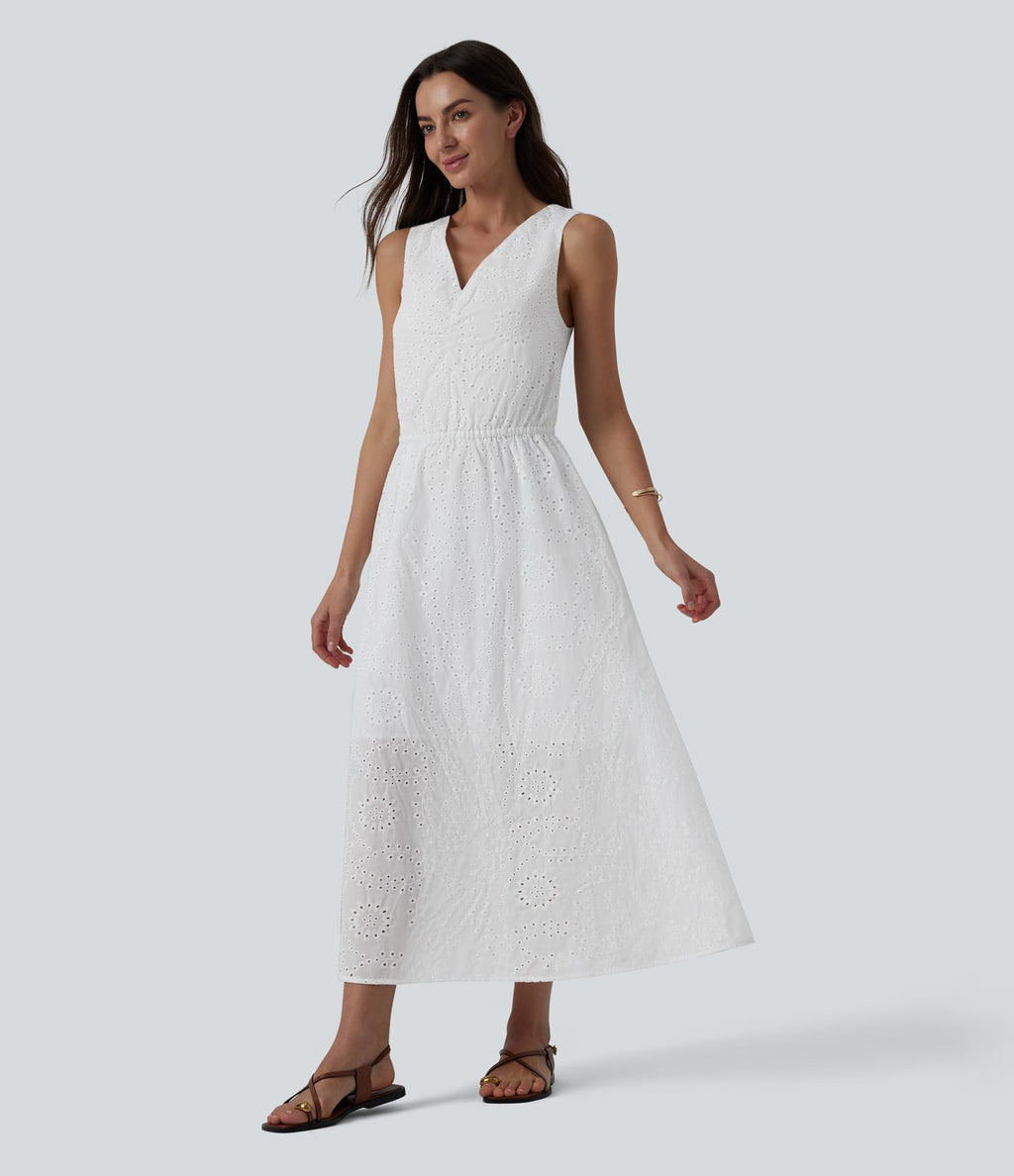 Robe mi-longue fluide col V sans manches avec nœud au dos