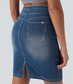 Halara Flex™ Jupe en Jean décontractée stretch délavé à taille haute, multiples poches et fente latérale
