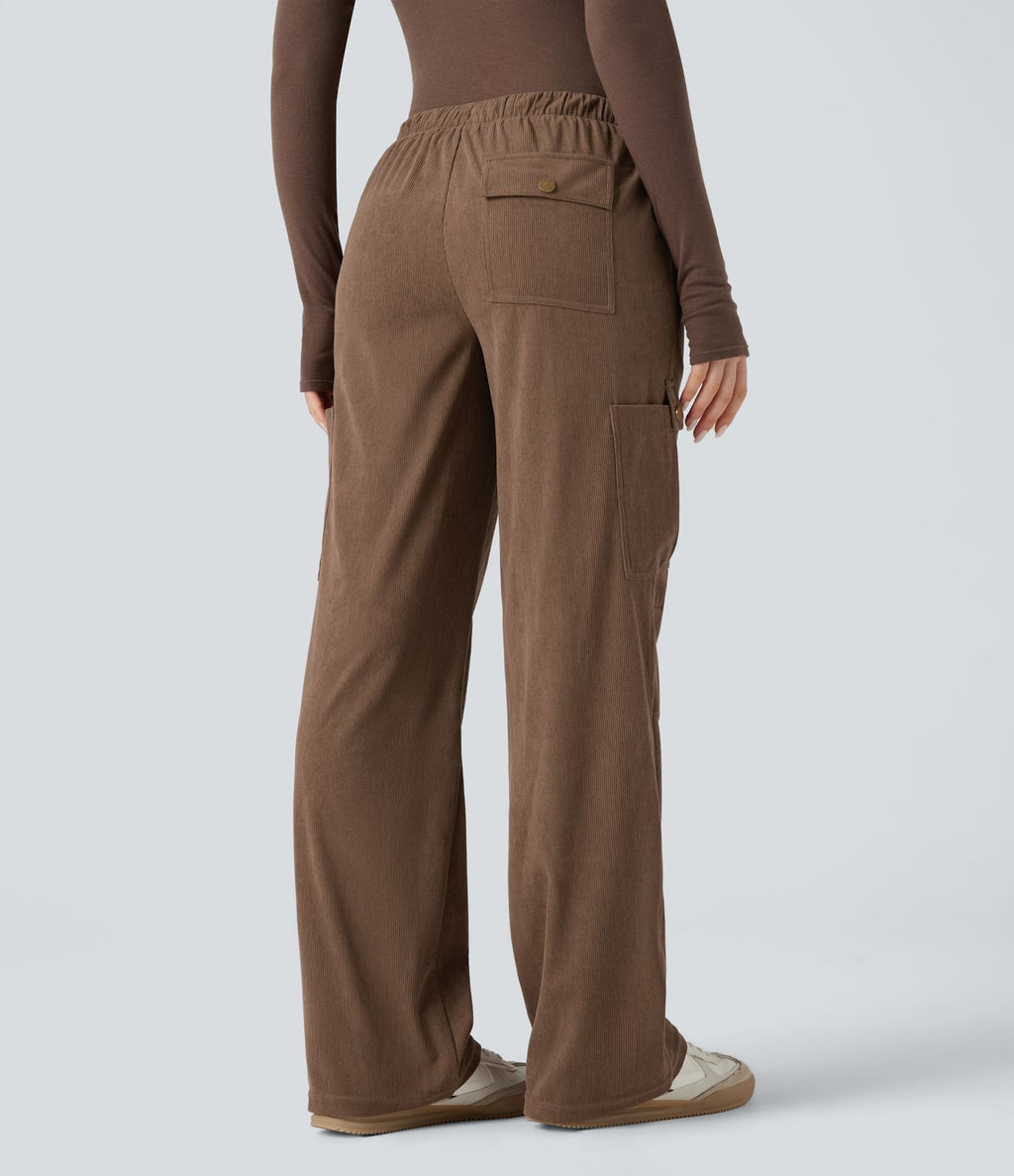Pantalon jogging cargo velours côtelé coupe droite taille mi-haute avec cordon de serrage et poches