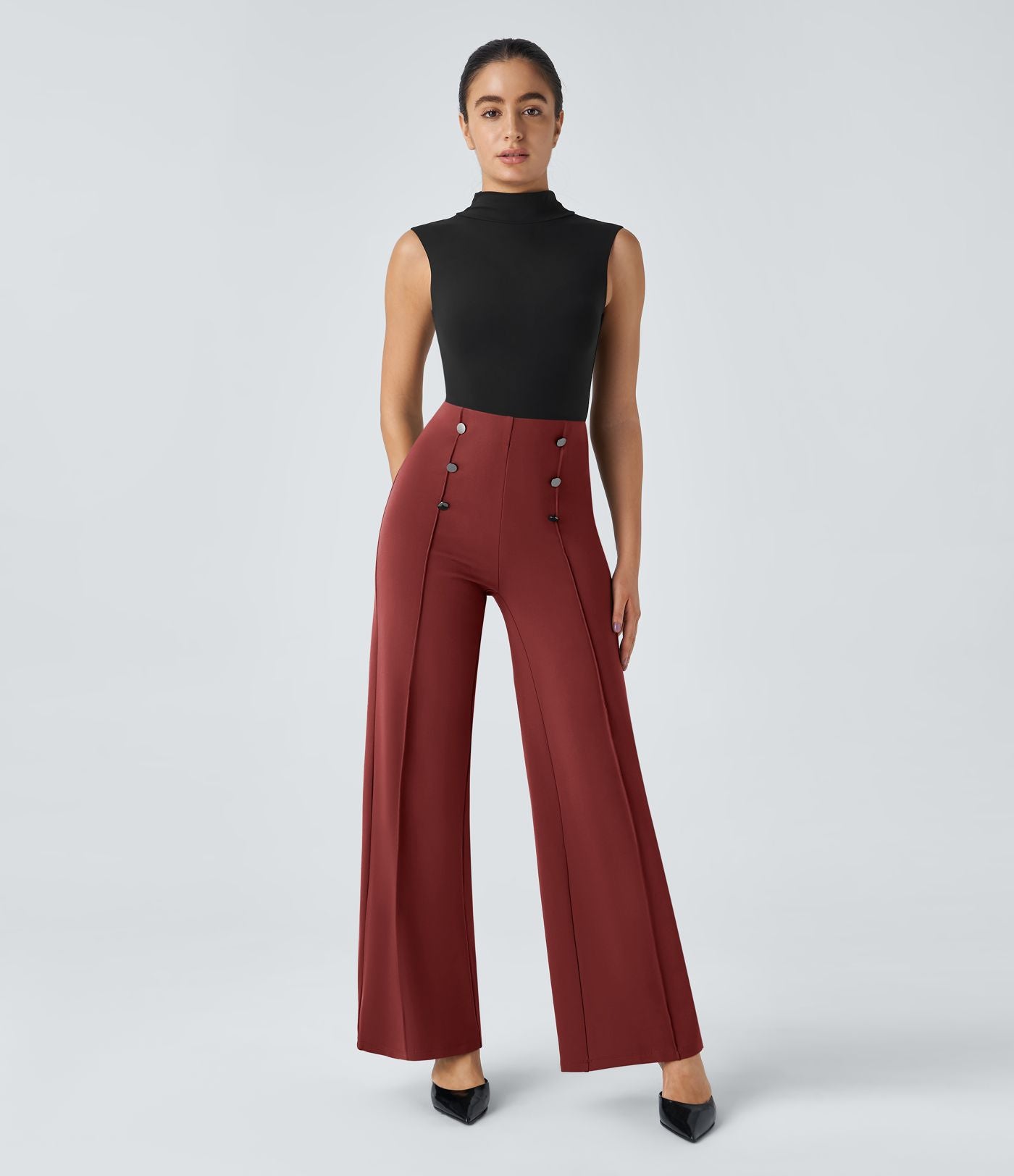 Pantalon Tailleur Large Taille Haute avec Bouton et Poches
