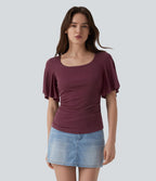 T-shirt décontracté maille côtelée col carré manches papillon froncé