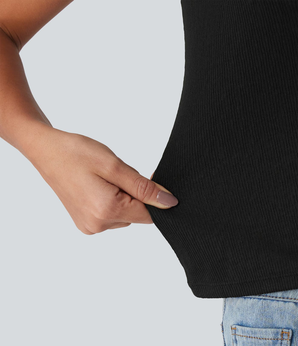 T-shirt casual semi-transparent côtelé maille col rond manches courtes