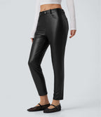 Pantalon simili cuir décontracté fuselé 7/8 taille mi-haute polaire extensible avec poches