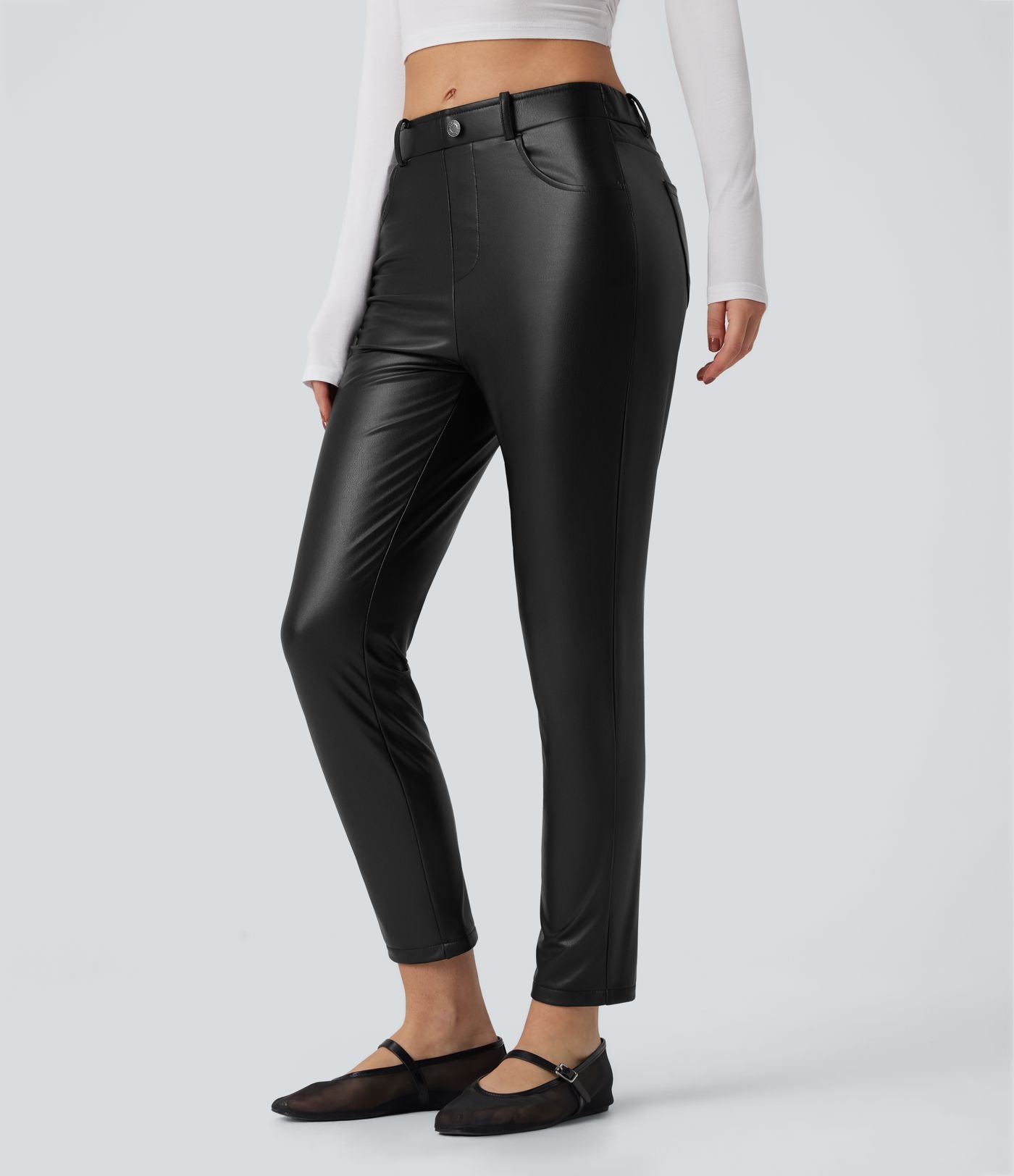 Pantalon simili cuir décontracté fuselé 7/8 taille mi-haute polaire extensible avec poches