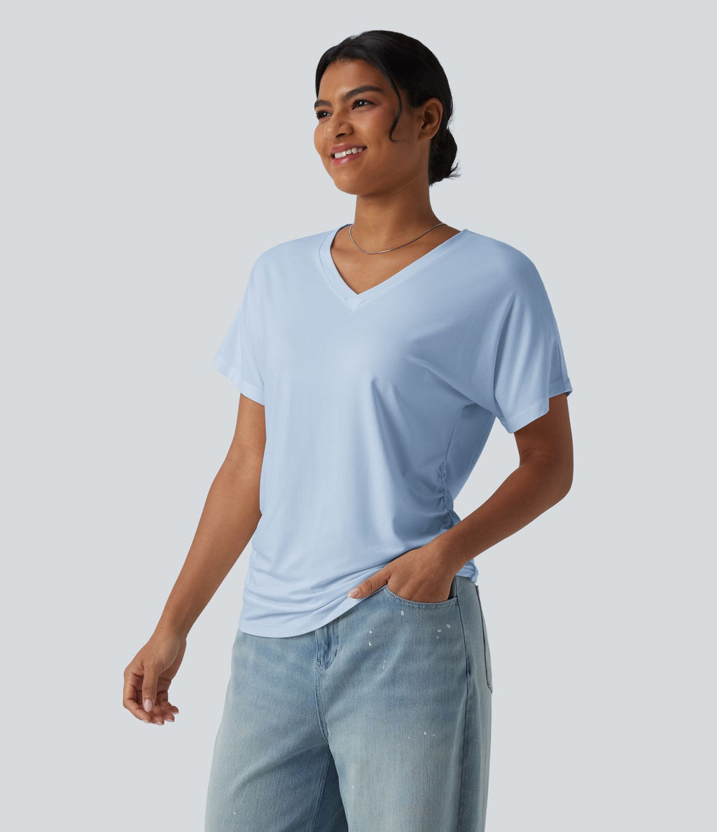 T-shirt décontracté uni à manches courtes, col V et fronces