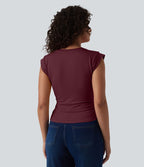 T-shirt décontracté col V manches courtes ourlet arrondi froncé