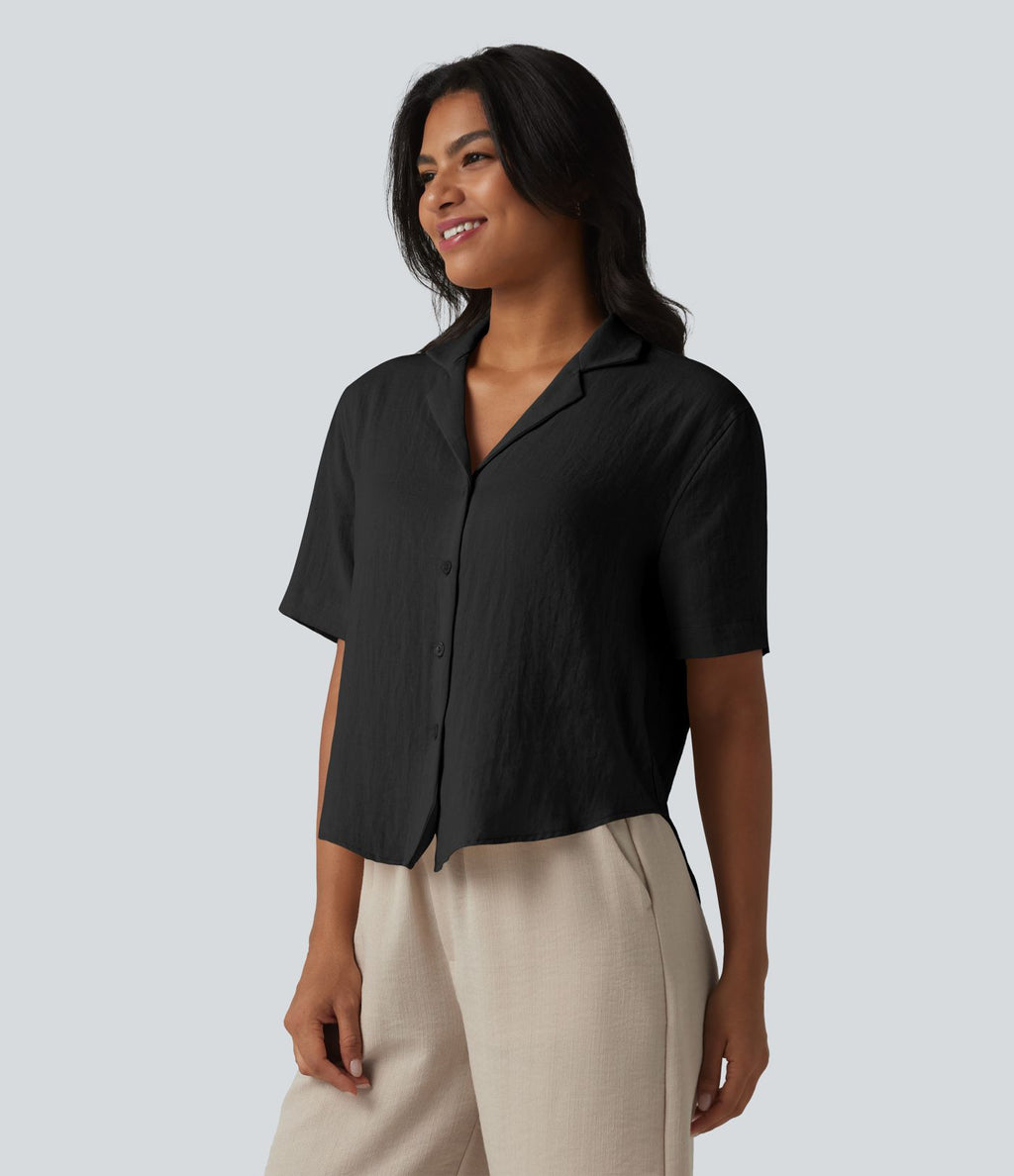 Chemise décontractée col cranté manches courtes en mélange lyocell et lin