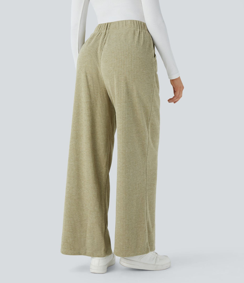 Pantalon décontracté large côtelé, taille haute, avec poches