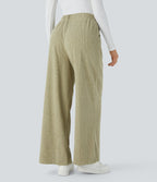 Pantalon décontracté large côtelé, taille haute, avec poches