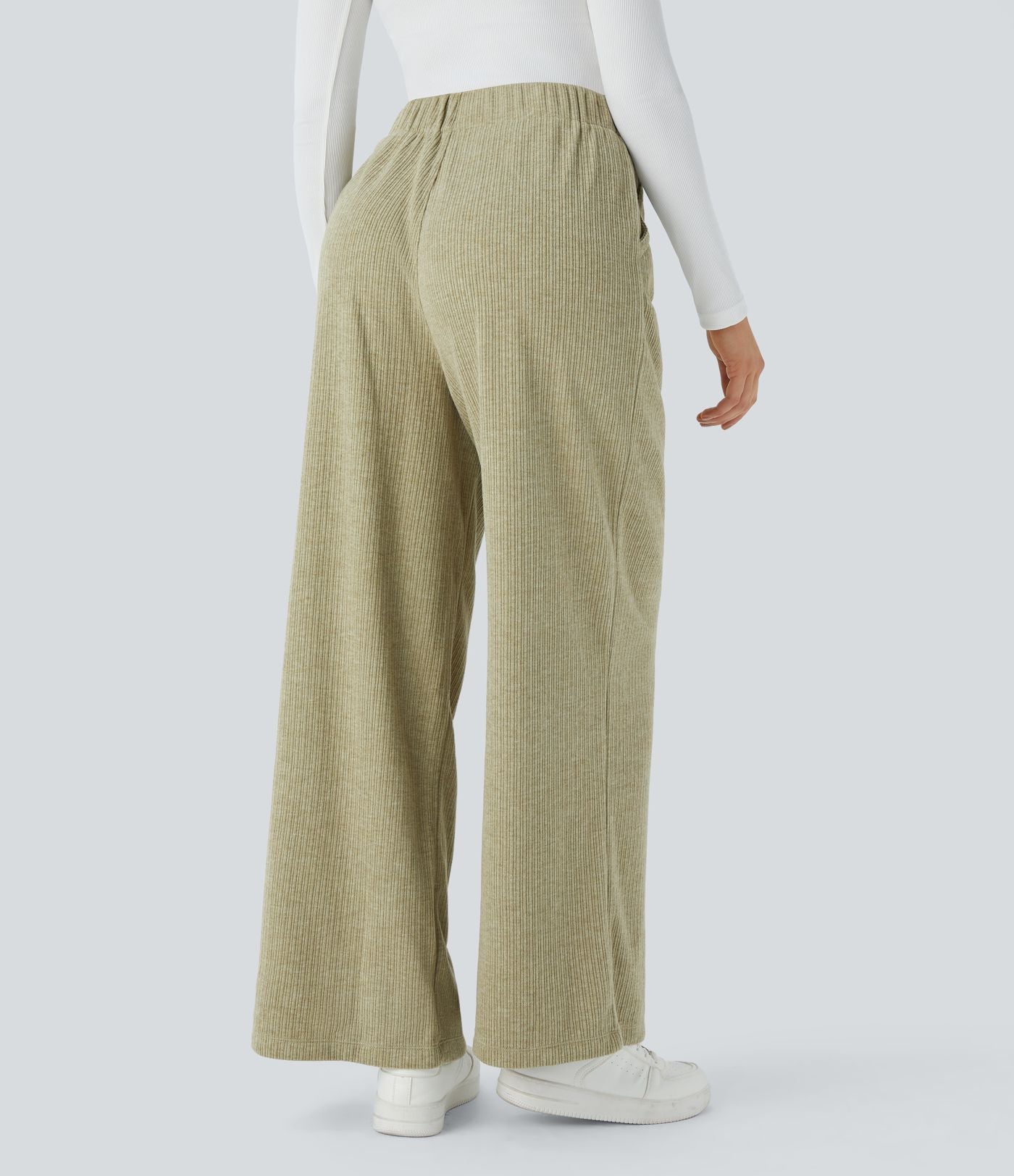 Pantalon décontracté large côtelé, taille haute, avec poches