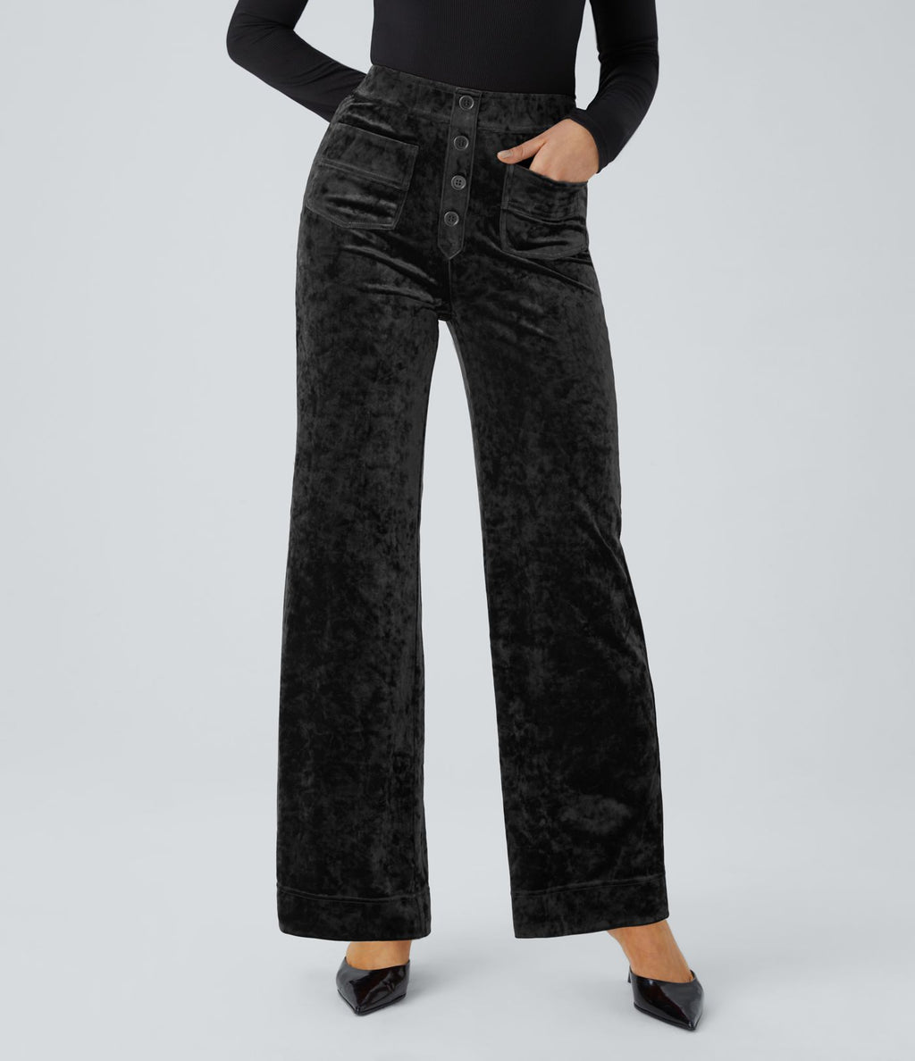 Pantalon Casual en Velours Taille Haute avec Bouton Multipoches Droites