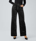 Pantalon Casual en Velours Taille Haute avec Bouton Multipoches Droites