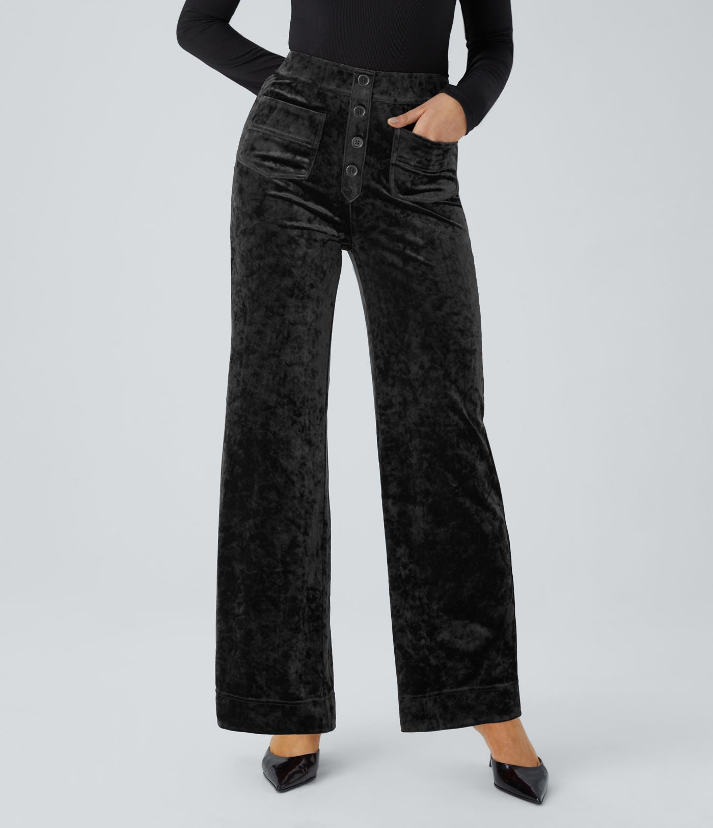 Pantalon Casual en Velours Taille Haute avec Bouton Multipoches Droites