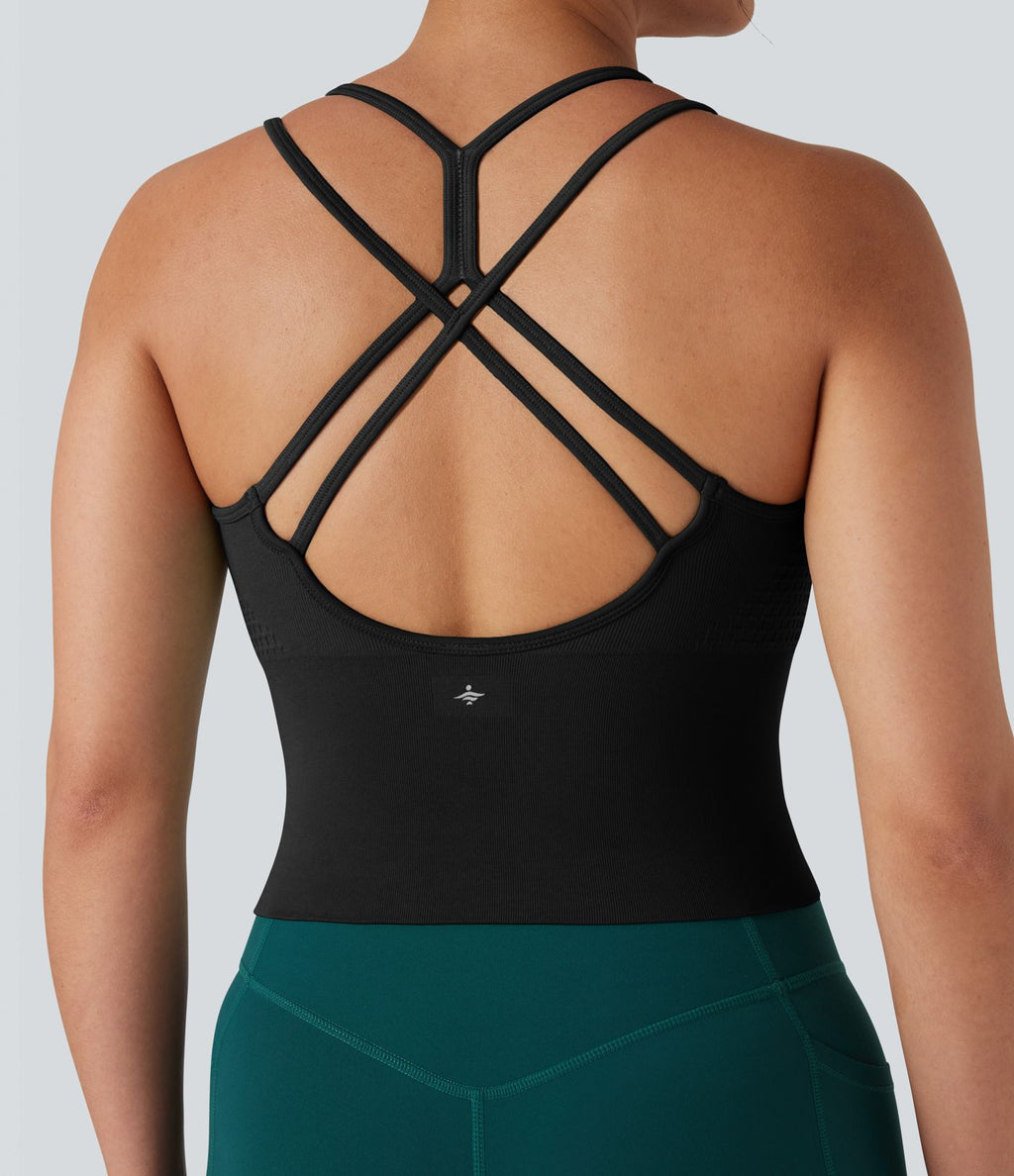 Débardeur yoga dos nu croisé froncé bretelles doubles longueur allongée sans couture OneForm Seamless Flow