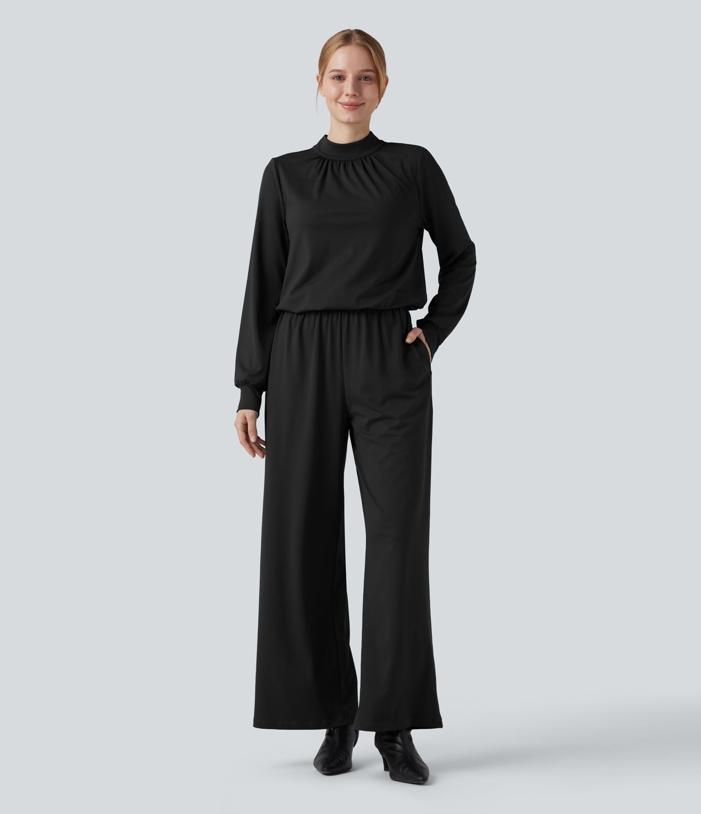 Combinaison pantalon large col montant dos goutte d'eau manches longues avec poches